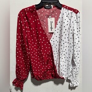 Asymmetrical Red and White Polka Dot Blouse